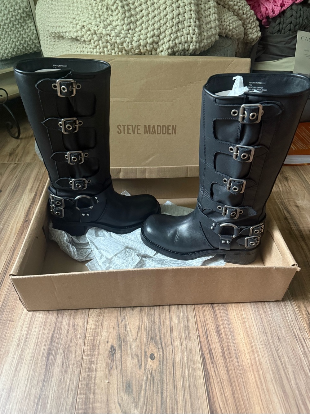 Steve Madden Rocky Black Leather Buckle Boots